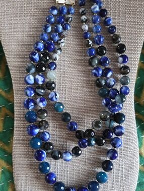 Lapis Lazuli 3 Strand-Blue Beaded Statement Necklace